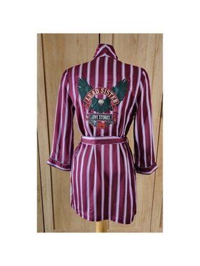 Love Stories Intimates Lead Sister Striped Burgundy Satin Robe XS Eagle Back